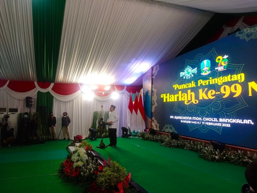 Puncak peringatan Harlah Nahdlatul Ulama (NU) ke-99 di Pondok pesantren Syaikhona Kholil Bangkalan, Madura, Jawa Timur.
