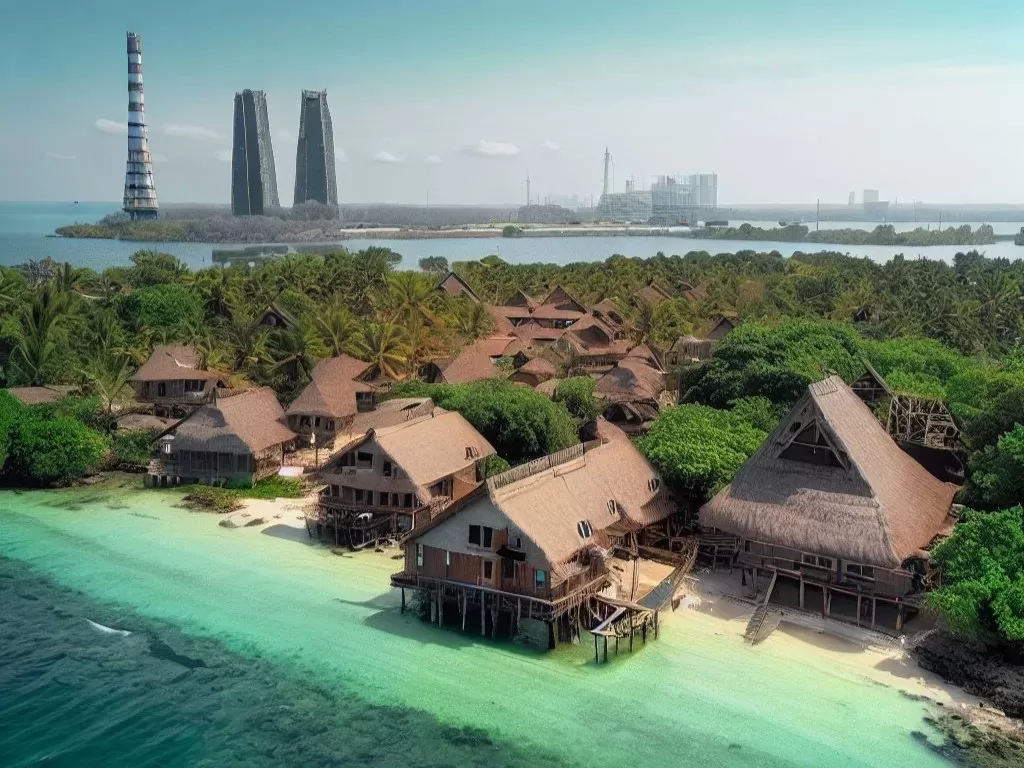 Pemandangan Pulau Rempang dengan kontras antara desa tradisional dan proyek pembangunan modern