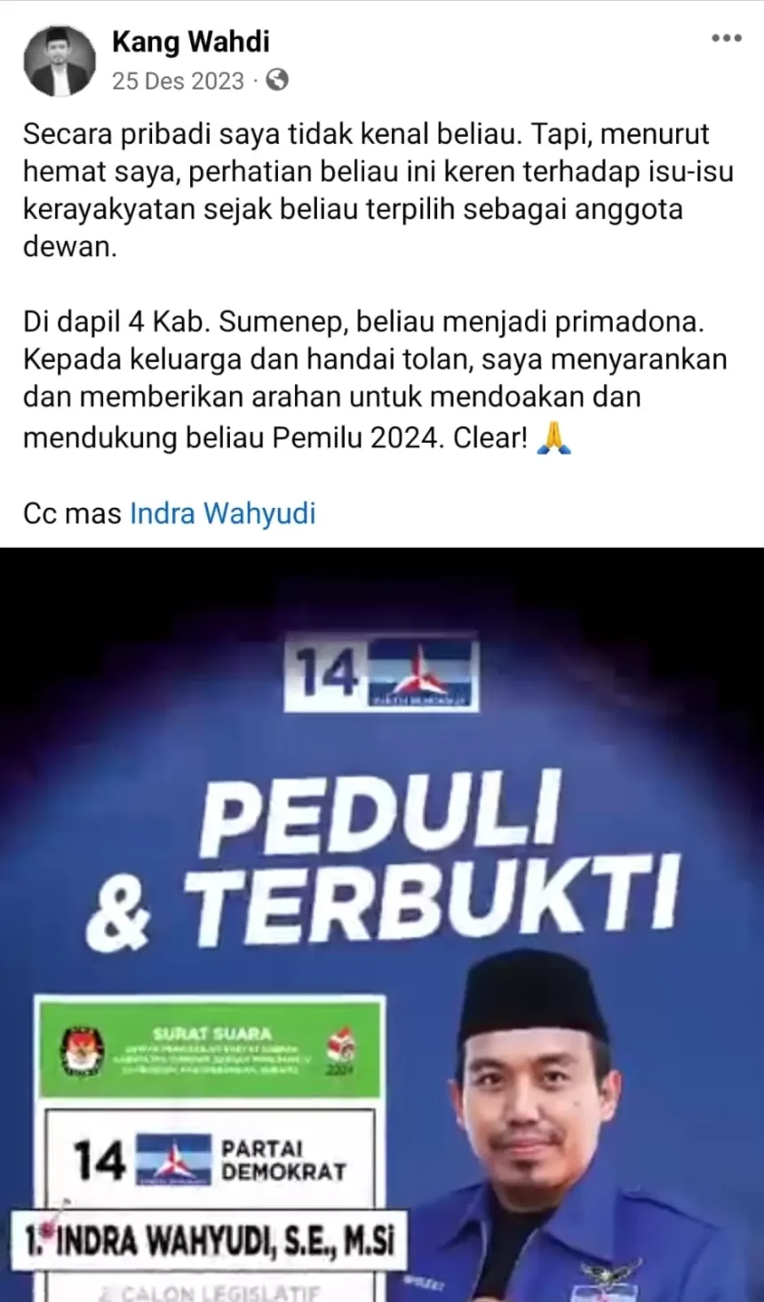 Kang Wahdi, Mantan Aktivis PMII dan Ketua Karang Taruna Pamekasan Berikan Dukungan pada H. Indra Wahyudi
