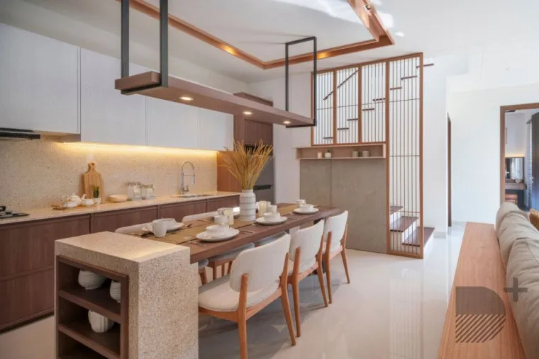 Ilustrasi dapur dengan warna pink pastel. 